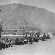 Liberated prisoners on the former roll call square, May 1945